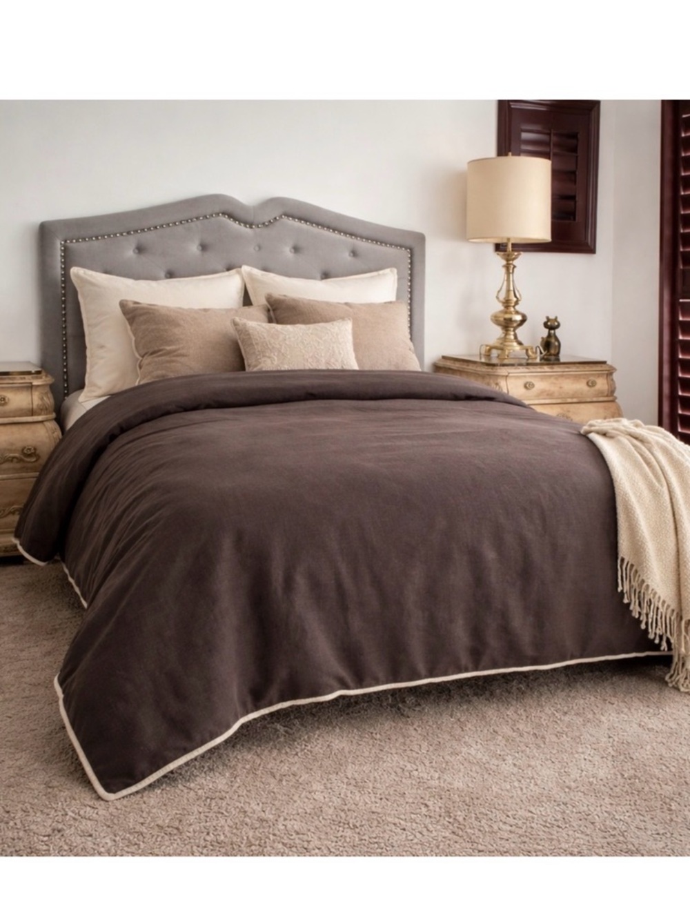 Dransfield & Ross Lancaster Linen Blend Duvet Cover Raven Full Queen Ivory Trim
